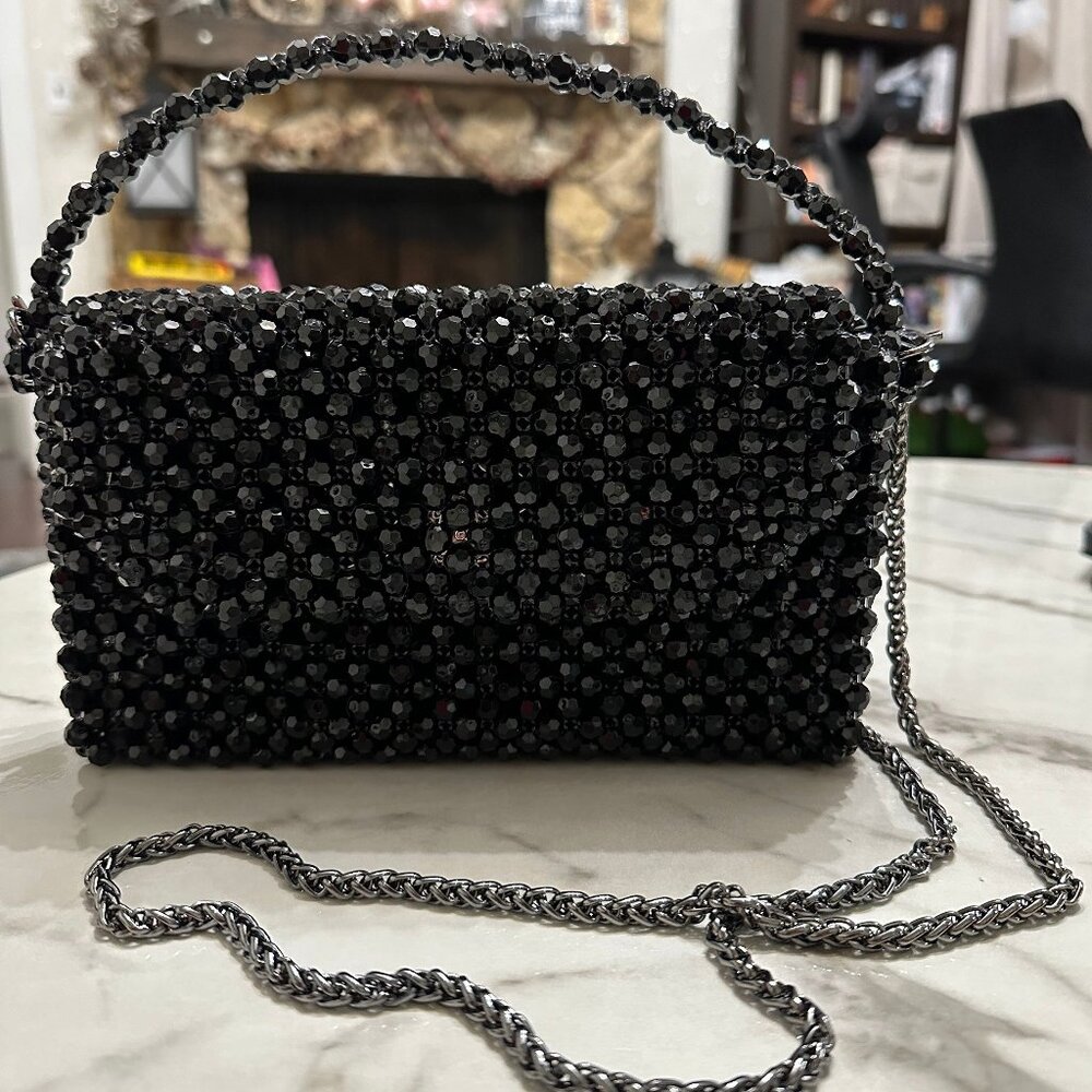 Handmade Black Beaded Shoulder Bag with Silver Chain Strap